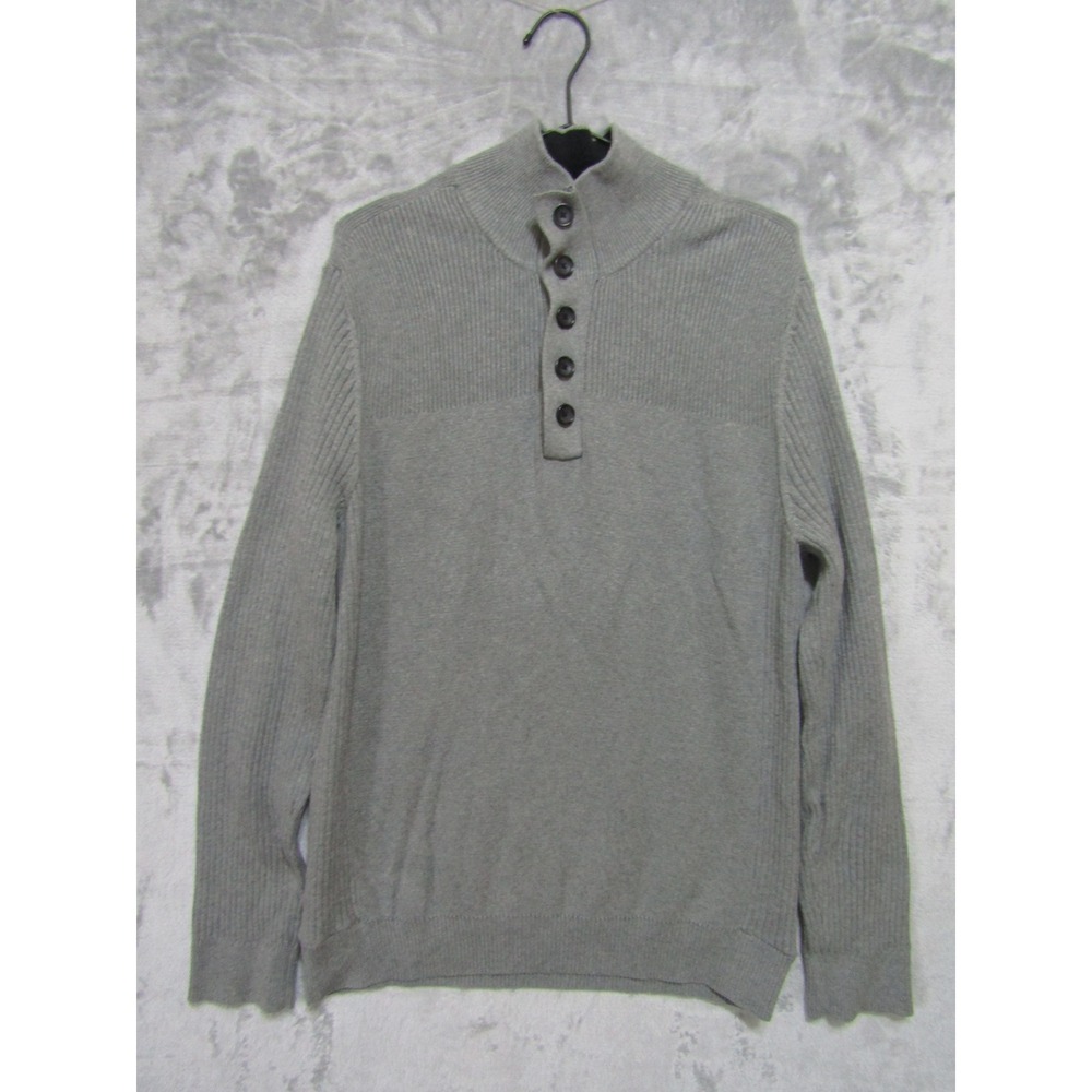 Express Sweater Mens XL Gray Excellent Mock Neck Henley Elbow Patches Cotton